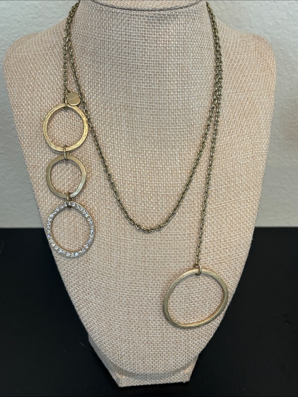 Chico's Gold Tone Textured Hoop Circle Rhinestone Convertible Lariat Necklace